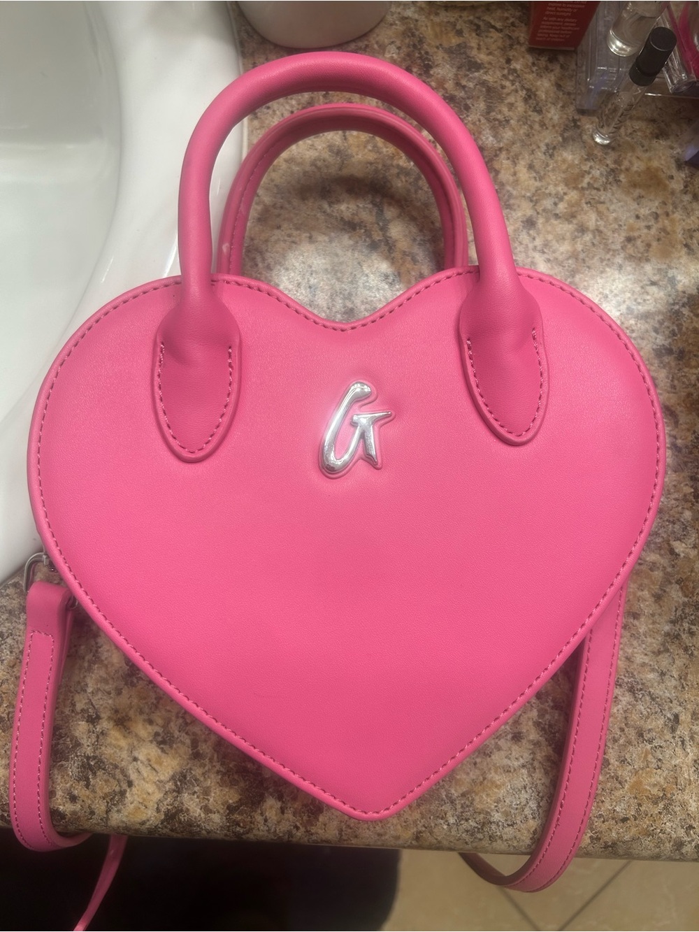 Chic Pink Heart Mini Bag with Top Handles and Crossbody Strap